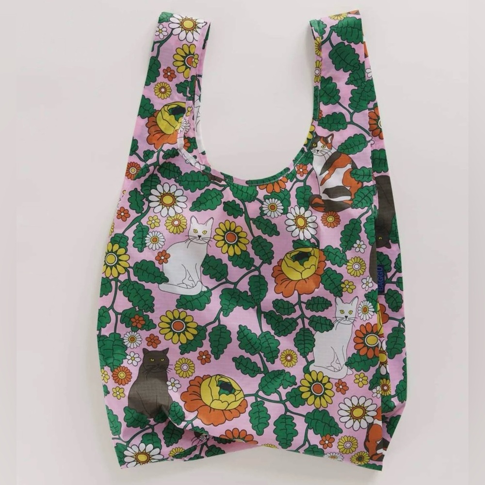 BAGGU Standard Reusable Bag Pink Daisy Cat with Pouch